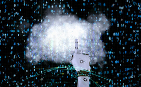 Cloud computing technology concept with 3d rendering robot with graphic display