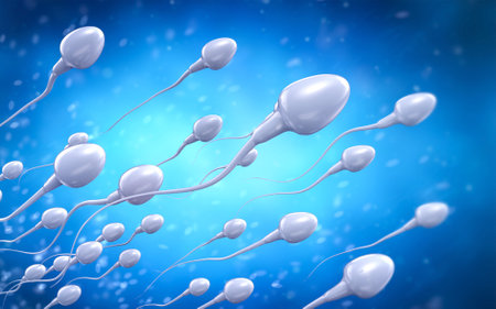 3d rendering group of sperms swimming on blue backgroundの写真素材