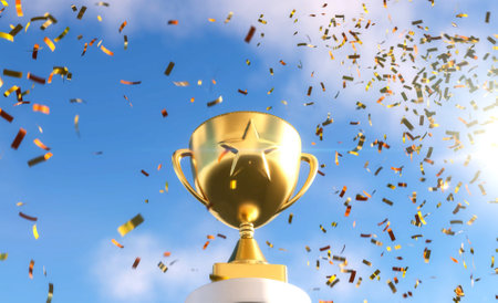 3d rendering gold star trophy with confetti explosionの写真素材