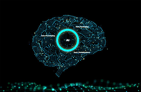 3d rendering ai digital circuit brain with shining lightの写真素材