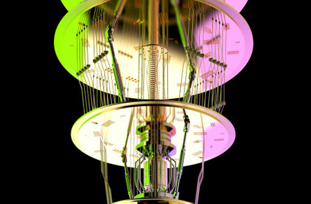 3d rendering golden quantum computer machine close up with neon light isolated on blackの写真素材