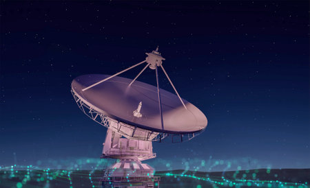 3d rendering satellite dish for digital telecommunication in dark skyの写真素材