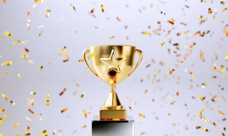3d rendering gold star trophy with confetti explosion