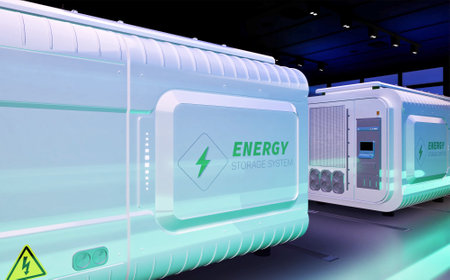 3d rendering amount of energy storage systems or battery container units in factoryの写真素材