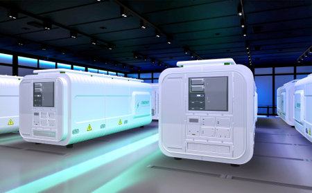 3d rendering amount of energy storage systems or battery container units in factoryの写真素材