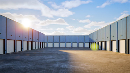 3d rendering warehouse exterior with shutter doorsの写真素材