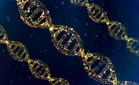 3d rendering collection of digital dna helixs or genome structures with shining lightの写真素材