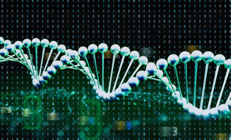 3d rendering digital dna helix or genome structure with shining lightの写真素材