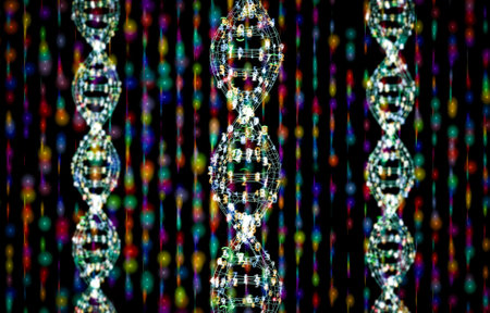 3d rendering collection of digital dna helixs or genome structures with shining lightの写真素材