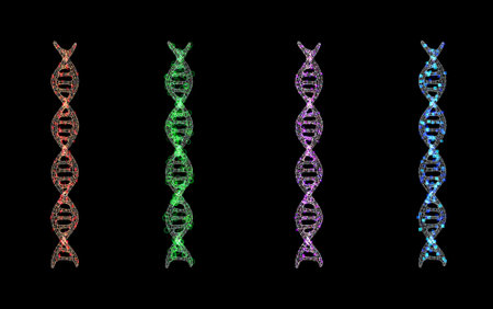 3d rendering collection of digital dna helixs or genome structures with shining lightの写真素材