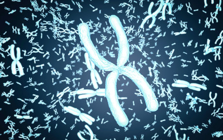 3d rendering glow chromosome x through microscopeの写真素材