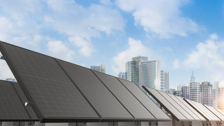 3d rendering solar panel farm with cityscape background