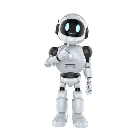 3d rendering cute and small artificial intelligence personal assistant robot thinking isolated on white backgroundの写真素材