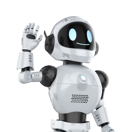 3d rendering cute and small artificial intelligence personal assistant robot hand up isolated on white backgroundの写真素材