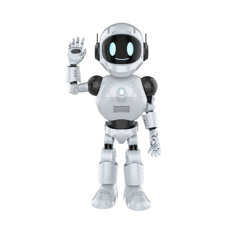 3d rendering cute and small artificial intelligence personal assistant robot hand up isolated on white backgroundの写真素材