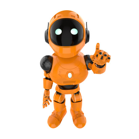 3d rendering cute and small artificial intelligence personal assistant robot finger point isolated on white backgroundの写真素材