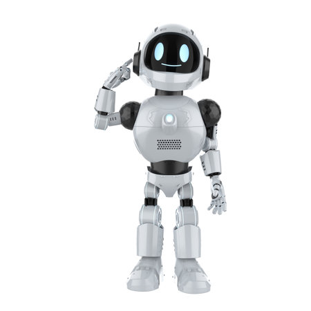 3d rendering cute and small artificial intelligence personal assistant robot thinking isolated on white backgroundの写真素材