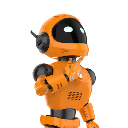 3d rendering cute and small artificial intelligence personal assistant robot thinking isolated on white backgroundの写真素材