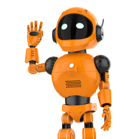 3d rendering cute and small artificial intelligence personal assistant robot hand up isolated on white backgroundの写真素材