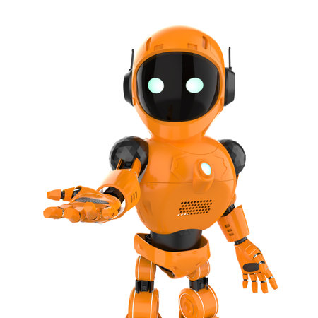 3d rendering cute and small artificial intelligence personal assistant robot hand extend isolated on white backgroundの写真素材