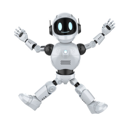 3d rendering cute and small artificial intelligence personal assistant robot jumping isolated on white backgroundの写真素材