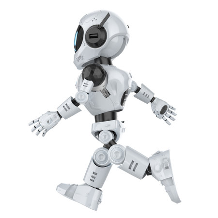 3d rendering cute and small artificial intelligence personal assistant robot walking isolated on white backgroundの写真素材