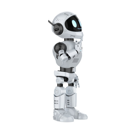 3d rendering cute and small artificial intelligence personal assistant robot thinking isolated on white backgroundの写真素材