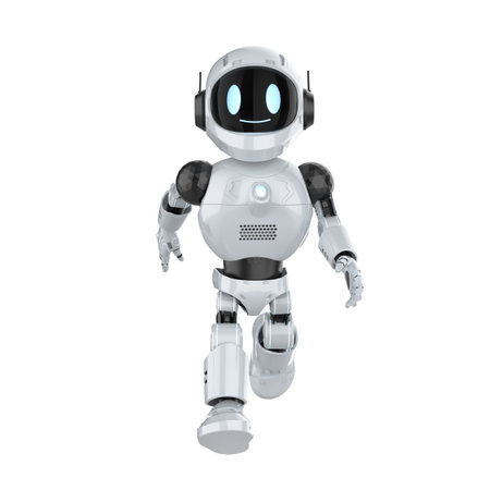 3d rendering cute and small artificial intelligence personal assistant robot walking isolated on white backgroundの写真素材