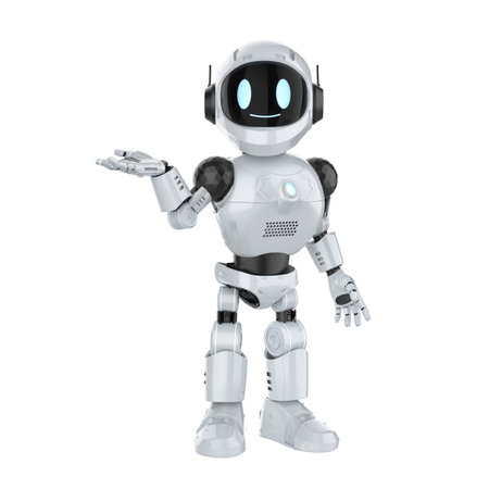 3d rendering cute and small artificial intelligence personal assistant robot open empty hand isolated on white backgroundの写真素材
