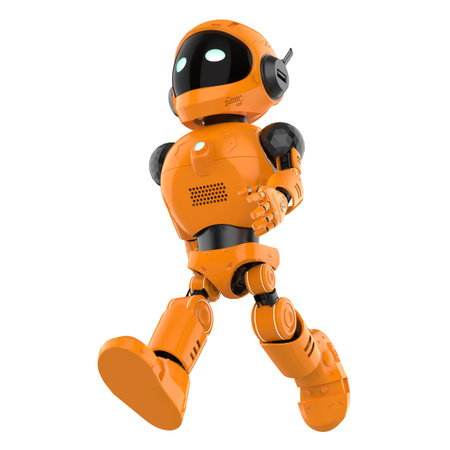 3d rendering cute and small artificial intelligence personal assistant robot walking isolated on white backgroundの写真素材