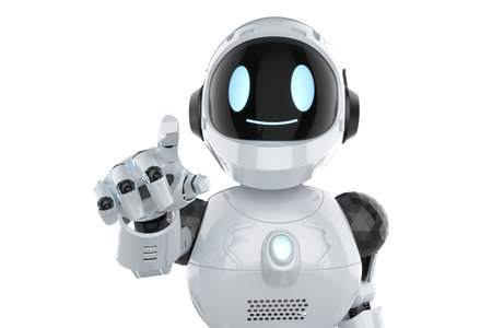 3d rendering cute and small artificial intelligence personal assistant robot finger point isolated on white backgroundの写真素材