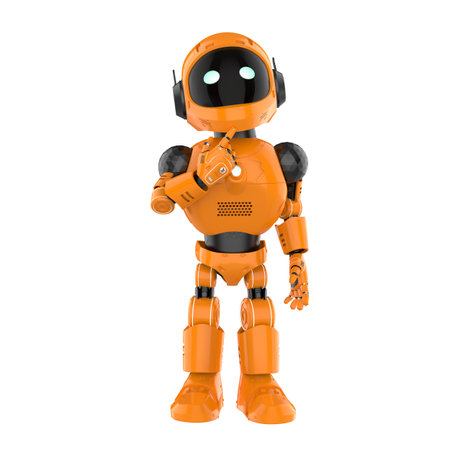 3d rendering cute and small artificial intelligence personal assistant robot thinking isolated on white backgroundの写真素材