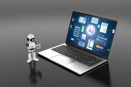 Ai technology with 3d rendering assistant robot with hud graphic interface on laptop