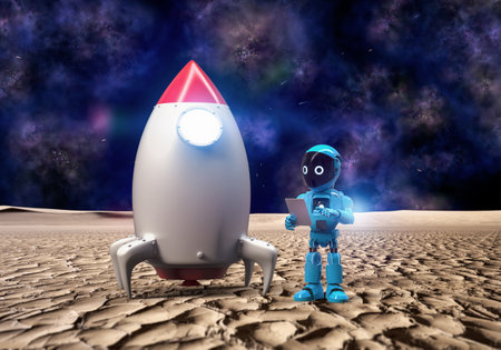3d rendering artificial intelligence robot with space shuttle on planet
