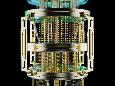 3d rendering golden quantum computer machine close up