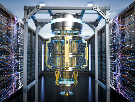 3d rendering quantum server network with quantum computer machine in server room