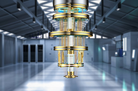 3d rendering golden quantum computer machine in dark factory