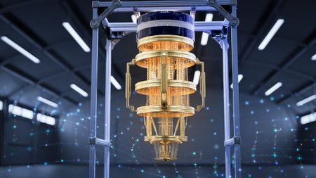3d rendering golden quantum computer machine in dark factory