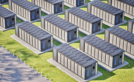 3d rendering group of energy storage systems or battery container units isometric on green grass...