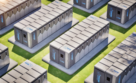 3d rendering group of energy storage systems or battery container units isometric on green grass...