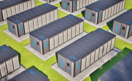 3d rendering group of energy storage systems or battery container units isometric on green grass...