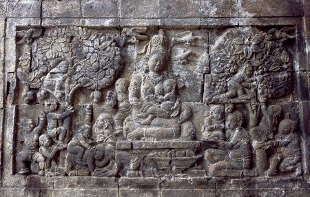 Carved stone at Borobudur on Java, Indonesiaの写真素材