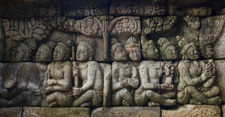 Carved stone at Borobudur temple on Java, Indonesia on Java, Indonesiaの写真素材