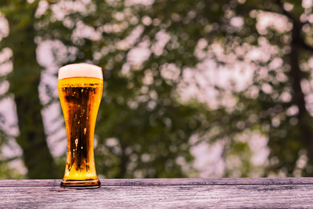 Beer in glass on a wooden table background blur.の写真素材