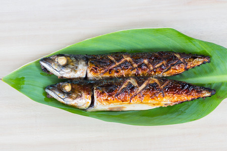 Japanese food style, Saba fish grilled the plate on  wooden background.の写真素材