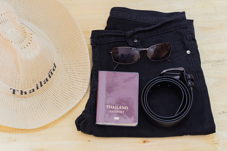 Men's casual outfits with accessories for travel during vacationの写真素材