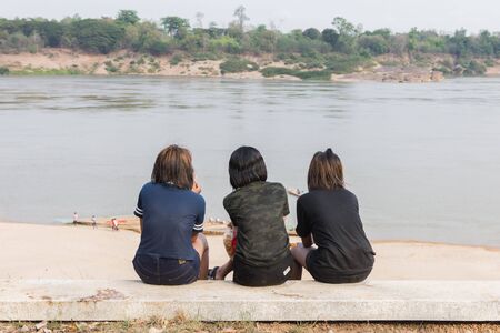 Three Women Along the Mekong Riverの写真素材