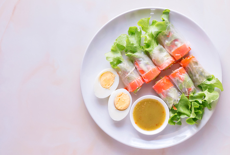 Fresh vegetable salad roll with boiled egg, Health care concept. Top viewの写真素材