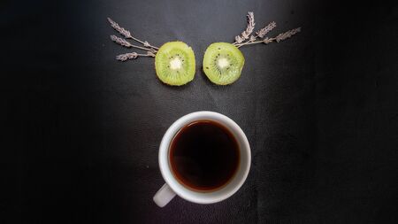 Black coffee and bakery in black background. Healthy breakfast in beautiful set up with lavender fruits. coffee lover,の写真素材