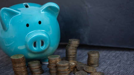 piggy bank in black background, coins stacks, saving money for investment concept.の写真素材